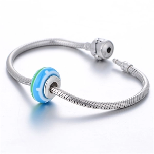 S925 sterling silver snake chain bracelet with blue and green striped glass bead