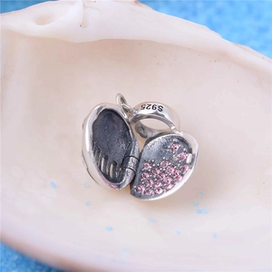 S925 sterling silver shell locket pendant with pink crystals for DIY charm jewelry