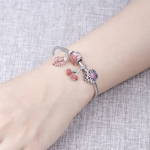 S925 sterling zilveren frambozen bedelarmband met rode emaille bloemen en zirkonia stenen