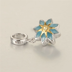 S925 sterling silver flower charm with blue enamel and yellow zircon for DIY bracelets