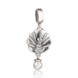 925 Sterling Silver Peacock Fan Charm Pendant With White Shell Artificial Pearl Zirconia For DIY Bracelet Necklace Women Jewelry