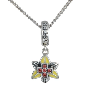 Colgante de Pascua de Plata S925 con Flor Amarilla Cruz y Grabado de Pascua