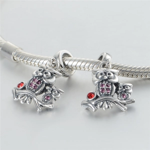 S925 sterling silver owl family charm with pink crystals for snake chain bracelets