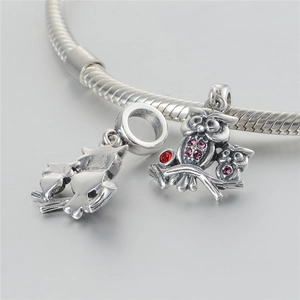 S925 Sterling Silver Owl Charm with pink crystals and red gems for beaded bracelets