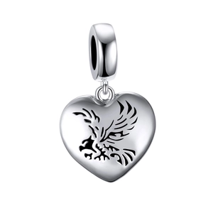 S925 sterling silver heart charm with eagle engraving for DIY bracelet and necklace
