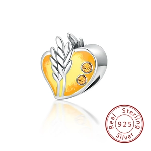 Charm de Espiga de Trigo en Forma de Corazón de Plata de Ley 925 Cuenta de Zirconia con Esmalte para Pulsera DIY Joyería Regalo Mujer