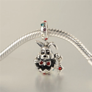 S925 sterling silver rabbit charm with colorful zircon stones on a silver snake chain
