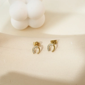 U-shaped gold stainless steel stud earrings with shimmering micro diamonds for women