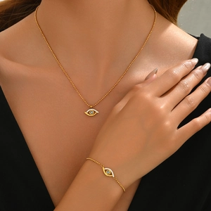 Stainless Steel Evil Eye Pendant Necklace Bracelet Gold Silver Plated Blue Rhinestone Bead Chain French Jewelry For Women