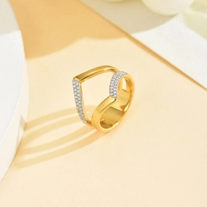 Minimalist V-shaped crisscross stainless steel ring with micro-pave white zircon stones