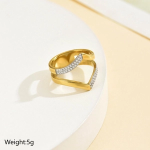 Crossed V-shaped gold stainless steel ring with white cubic zirconia pavé stones