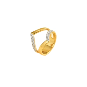 Polished gold stainless steel crisscross V-ring featuring shimmering white zircon pave setting