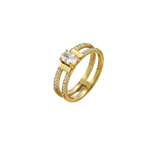 Eleganter goldener doppelreihiger Ring mit ovalem Zirkonia und CZ-Besatz
