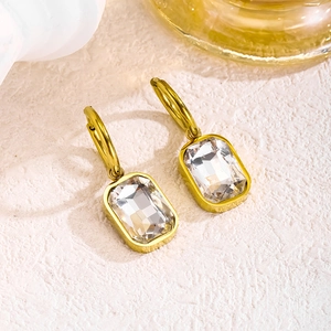 Elegant gold stainless steel hoop earrings with rectangle emerald-cut green cubic zirconia
