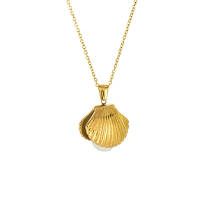 Elegante goldene Muschel-Halskette mit weißer Perle an einer feinen goldenen Kreuzkette