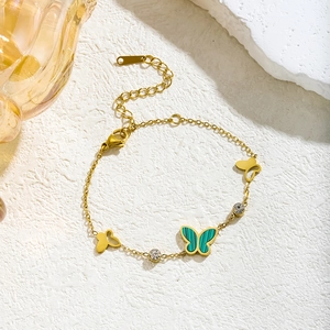 Golden titanium steel bracelet with green malachite butterfly and zircon accents