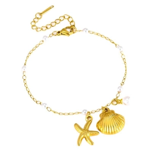 Goldenes Ozean-Armband mit strukturierten Seestern- und Muschelanhängern und Perlen