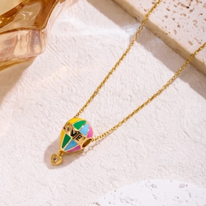 Fashionable gold titanium necklace featuring a colorful hot air balloon with LOVE engraving