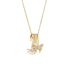 Gold titanium steel necklace featuring crystal butterfly and zircon flower pendant charms
