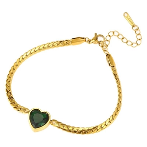 Luxury gold plated stainless steel snake chain bracelet with green heart zircon stone