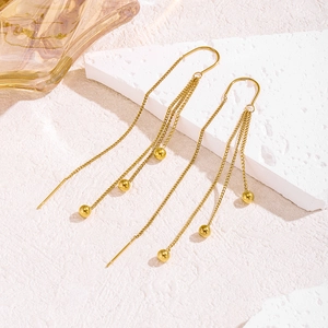 Elegant gold titanium steel long tassel earrings with moving beads for women