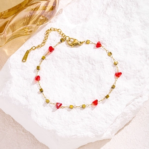 Golden stainless steel chain bracelet with red heart zircon stones and small square beads