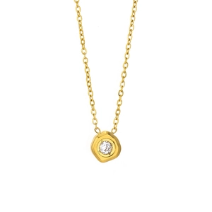 Macro detail of irregular geometric pendant with cubic zirconia on gold O-chain necklace