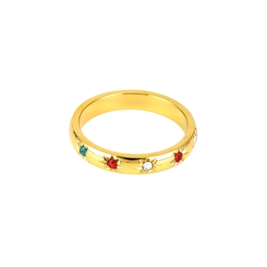 Minimalist gold ring with colorful gemstones and engraved starburst patterns