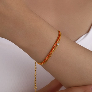 Minimalist Double Layer Red String Bracelet For Women Gold Plated Stainless Steel Fine Chain With Round Rhinestone Simple Elegant Hand Jewelry Gift