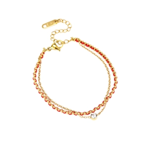 Double-layered red rope and gold titanium steel bracelet with a single round zircon stone