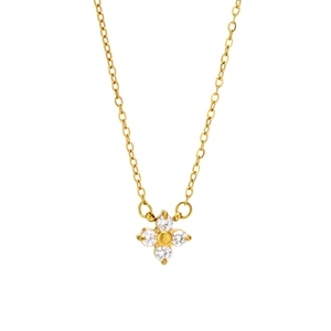 Elegant gold clover necklace with four transparent crystals on minimalist white background