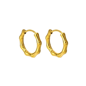 Bamboo-shaped golden metal hoop earrings with elegant texture and hinge closure design