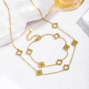 Juego De Collar Y Pulsera De Acero Inoxidable Con Trébol De Cuatro Hojas Minimalista Chapado En Oro Joyas Huecas Para Mujer Decoración Diaria