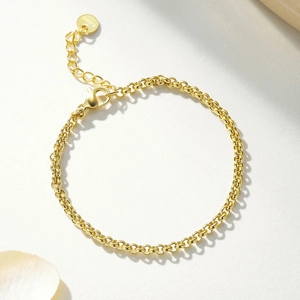Vista macro detallada de la pulsera de eslabones de acero inoxidable dorado con cierre de mosquetón