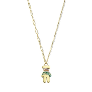 Gouden beer hanger ketting met regenboog kristallen en asymmetrische paperclip ketting