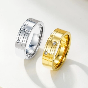 Minimalist Stainless Steel Ring For Men Women Fashion Parallel Lines Design Inlaid Round Zirconia Polished Band Jewelry