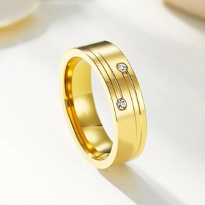 Minimalist gold stainless steel ring with dual parallel lines and inlaid round diamonds