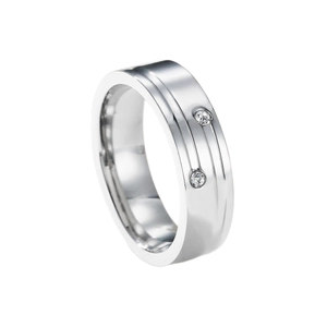 Minimalist silver stainless steel ring featuring parallel lines and dual round diamonds