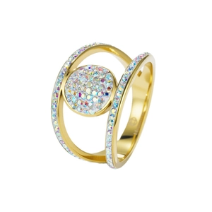 Luxurious double-row gold ring with vibrant colorful rhinestones on a polished band