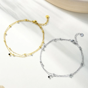 Minimalist Stainless Steel Layered Beaded Anklet Women Gold Silver Plated Black Zirconia Pendant Foot Chain Jewelry
