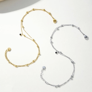 Double-layered stainless steel bead anklet with black zircon in gold and silver finish