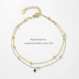 Double-layer gold stainless steel anklet with gold beads and black zircon pendant