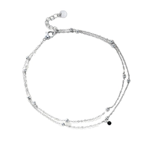 Double-layer silver chain anklet with metal beads and a small black zircon pendant charm