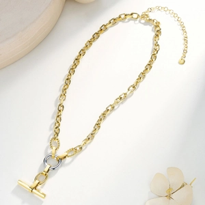 Collar de Cadena de Acero Inoxidable Chapado en Oro Plata para Mujer Hombre Cierre de Palanca Barra T Eslabón Redondo Gargantilla