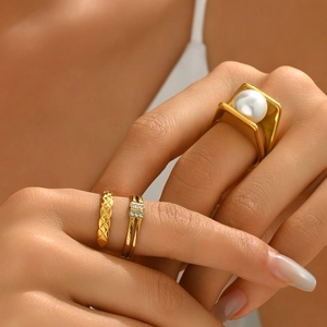 Vintage Edelstahl Offener Ring Für Damen Herren Geometrischer Stil Imitationsperle Rautenmuster Strass Eingelegter Mode Schmuck Finger Accessoire