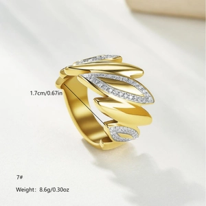 Vergoldeter Blätterring mit Zirkonia, Größe 7, Gewicht 8,6g, elegantes Design