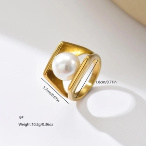 Minimalistischer geometrischer Gold-Edelstahlring mit großer Perle und Größenangaben