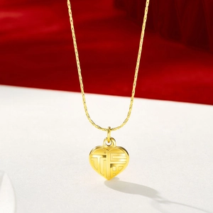 24K Vergulde Roestvrijstalen Halsketting Met Hartvormige Hanger En Chinees Fu-Teken Sieraden Voor Vrouwen Cadeau