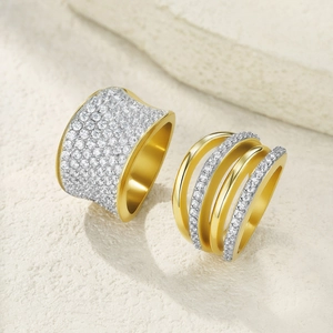 Luxury 304 Stainless Steel Wide Pave Rhinestone Ring Gold Plated Multi Layer Stackable Geometric Band Ring For Women