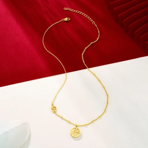 Vintage 24K vergulde titanium stalen ketting met Fu-karakter en witte schelp hanger